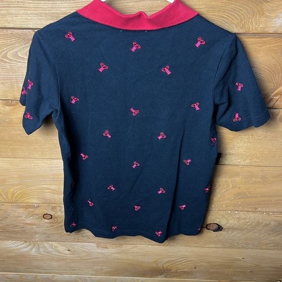Quacker Factory Women Black Polo Shirt XS Red Collar Lobster Embroidery Short Sl - Picture 2 of 8